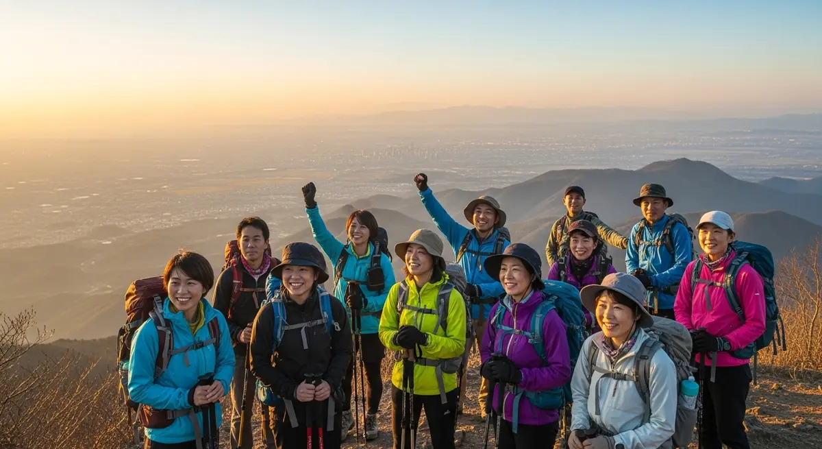 高尾山の山頂で景色を楽しむ登山者