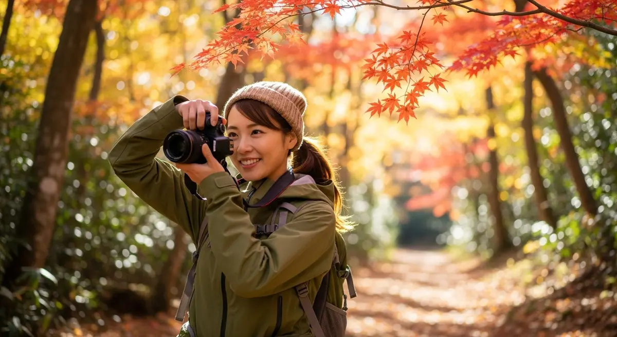 カメラを構えて高尾山の紅葉を撮影している人