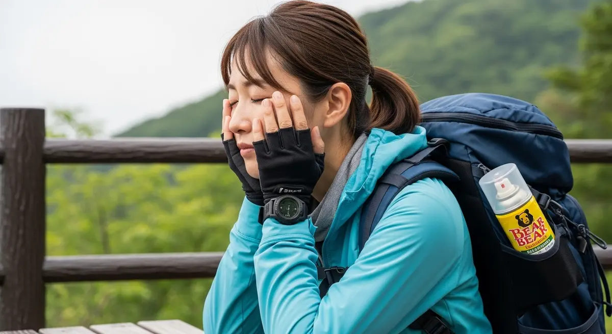 熊よけスプレーで安心して登山する人
