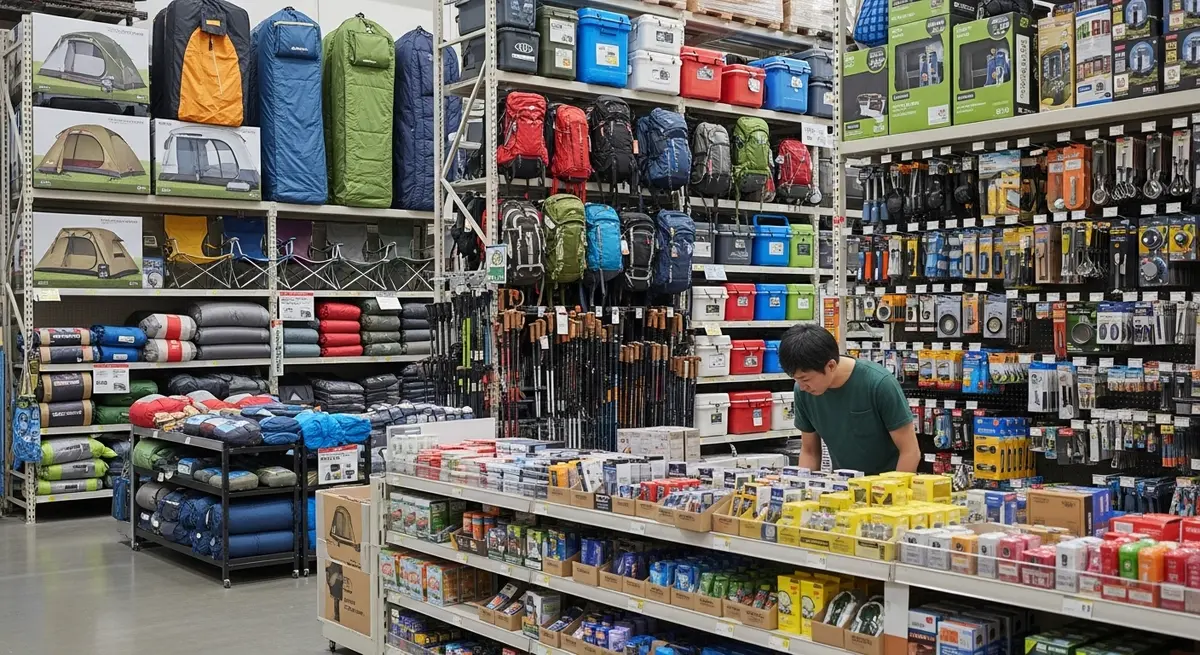 ホームセンターのアウトドア売り場で探す様子
