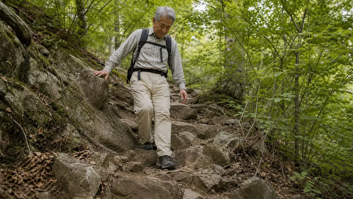 急な下りを慎重に降りる中高年の登山者